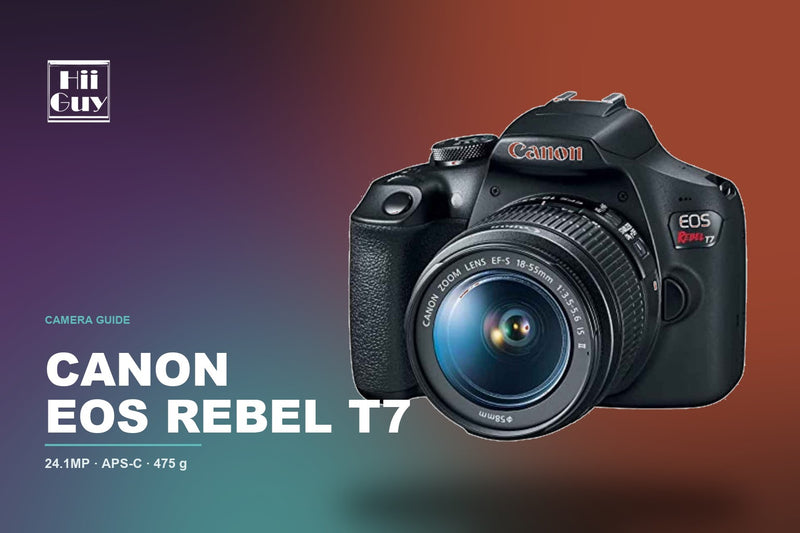 Canon EOS Rebel T7 DSLR body on a HiiGuy camera guide cover