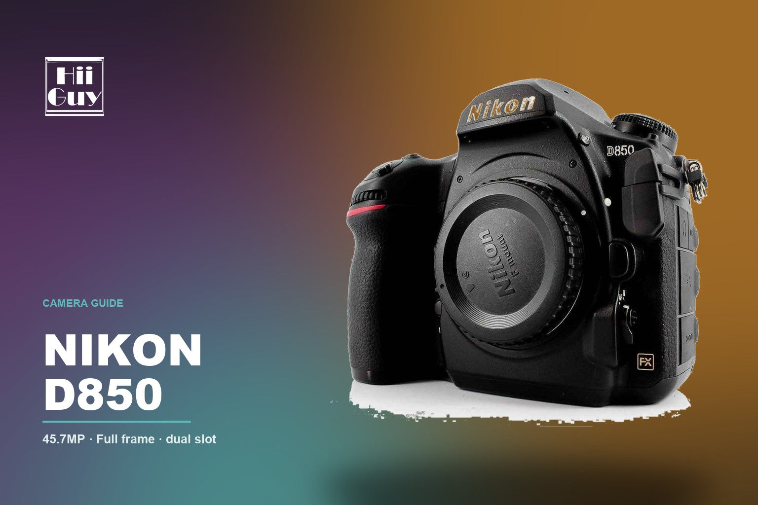Nikon D850 DSLR body on a HiiGuy camera guide cover