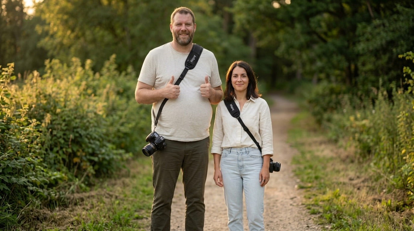 A taller, broader photographer and a smaller photographer walking together, both carrying DSLRs on HiiGuy straps that hang correctly for each of them