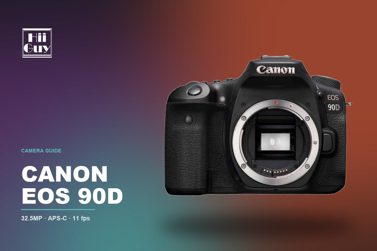 Canon EOS 90D DSLR body on a HiiGuy camera guide cover