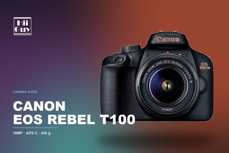 Canon EOS Rebel T100 DSLR body on a HiiGuy camera guide cover