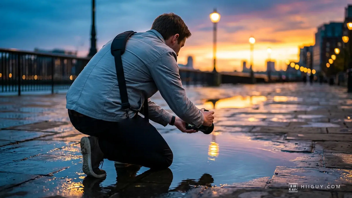 A photographer kneeling on a rain-wet riverside promenade at sunset, holding a DSLR low over a puddle that reflects the orange sky and street lamps, a black padded strap over his shoulder