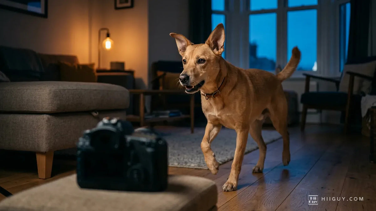 A tan dog caught sharp in mid-stride across a dim living room at dusk, warm lamp light glowing behind it and cold blue twilight at the window, with a camera resting out of focus on an ottoman in the near foreground