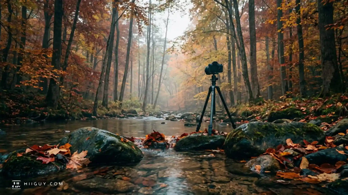 A camera on a slim black tripod among wet mossy boulders beside a shallow woodland stream, facing away into a misty autumn wood of gold and russet leaves under flat grey overcast light