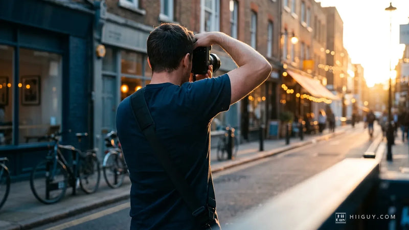 A photographer shooting on an ordinary city street at golden hour, camera carried on a shoulder strap