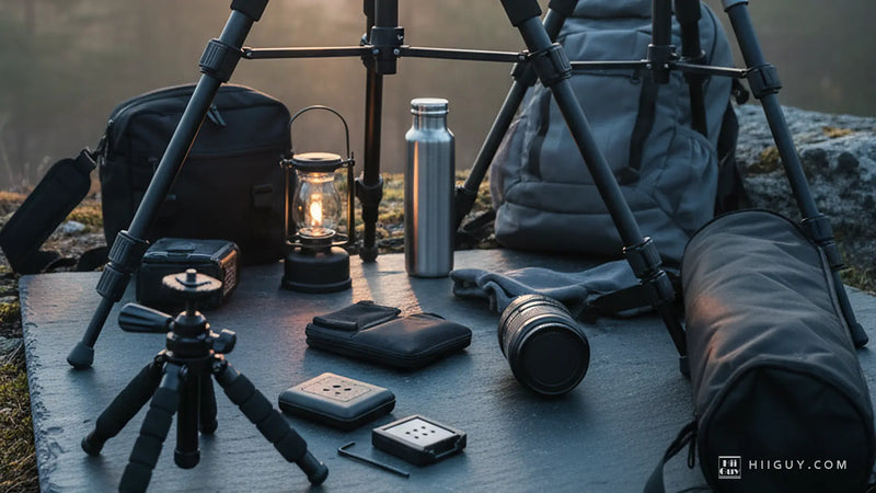 A travel photography kit crowded on wet grey slate at first light, a lit camping lantern glowing amber among a steel bottle, a spare lens and small cases, a little tabletop tripod beside them and the legs of two full-size tripods rising out of the frame.