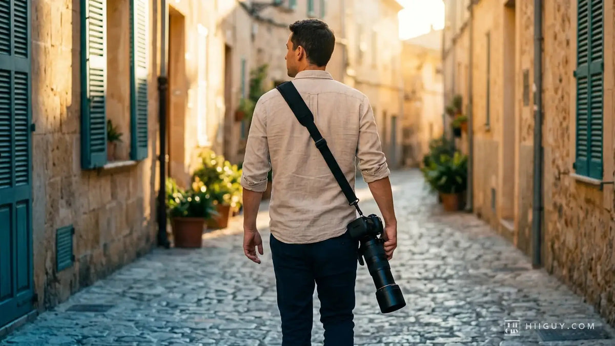 A photographer seen from behind walking down a sunlit cobblestone street with teal shutters, a black padded camera strap worn crossbody and a DSLR with a long telephoto lens hanging at his right hip