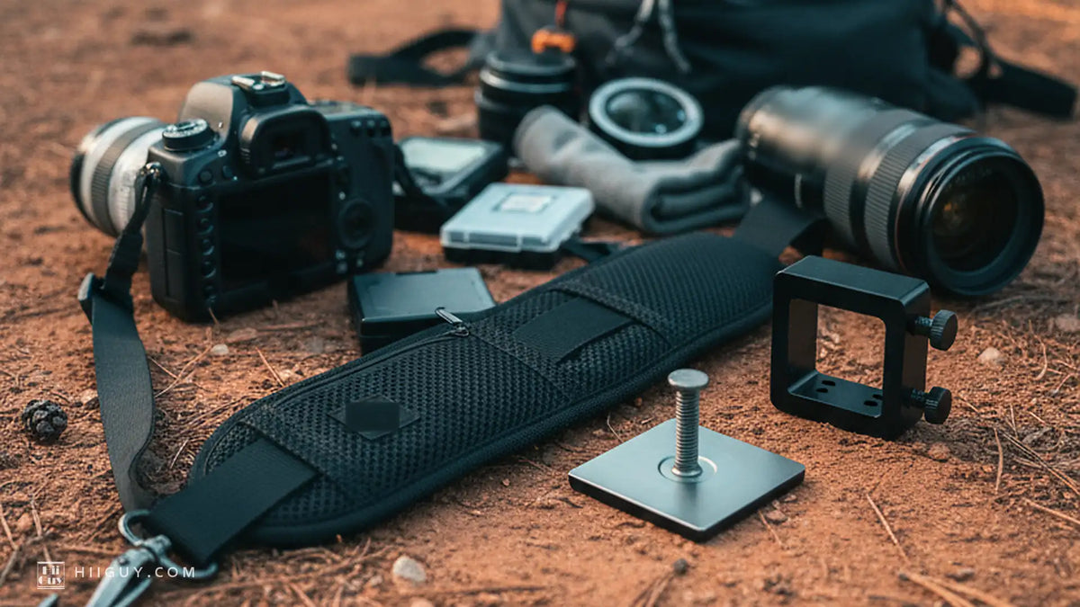 Padded black camera strap laid out on red trail dirt beside a small metal belt clip and its mounting plate