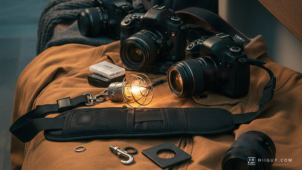 A padded black camera strap lies face up on a spread tan canvas jacket at dusk, a small caged lamp burning beside it, two camera bodies behind and a swivel hook and tripod plate loose in front.
