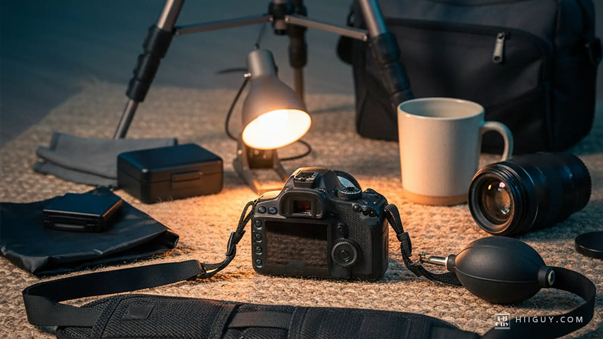 Small DSLR lit by a warm desk lamp on a woven jute mat at dusk, a tall tripod standing behind it, a padded strap, a rubber blower, a lens and a card case laid out around it