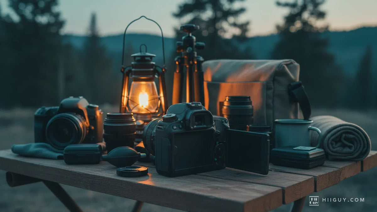 A camp table at dusk crowded with camera gear, a lit lantern behind it and the nearest body's screen swung open on its hinge.