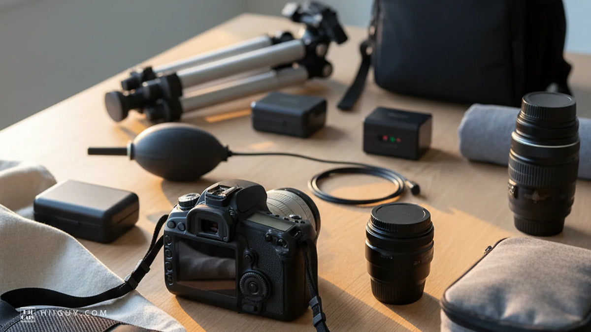 A beginner's camera kit laid out on a sunlit oak table: body, lenses, blower, cases, strap, backpack and tripod.