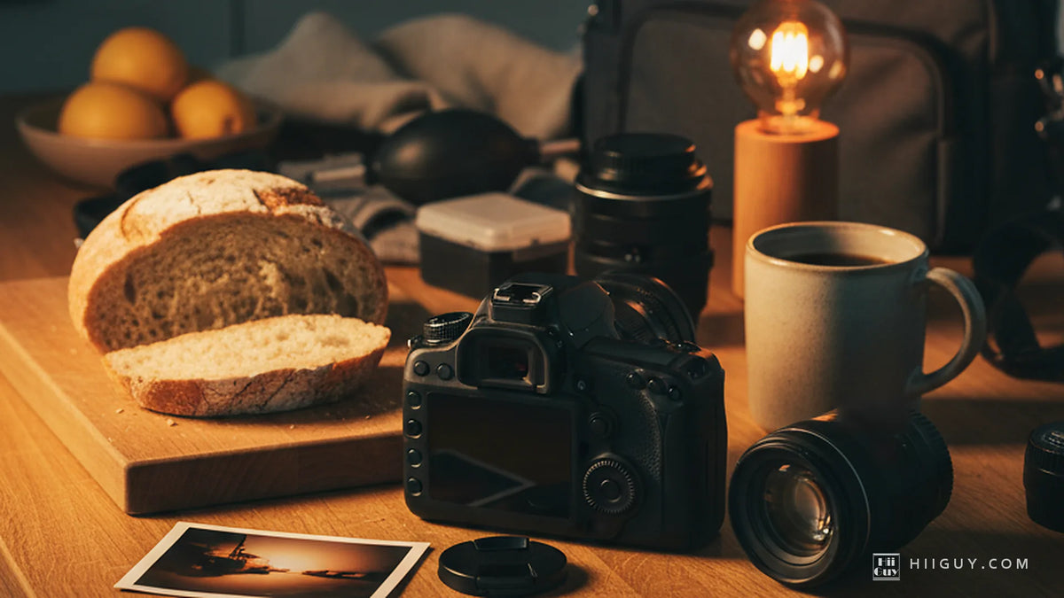 A camera seen from behind on a warm oak kitchen worktop in the last light, a lit filament bulb beside it, a sliced loaf on a board, a mug of coffee and one small print lying on the wood.