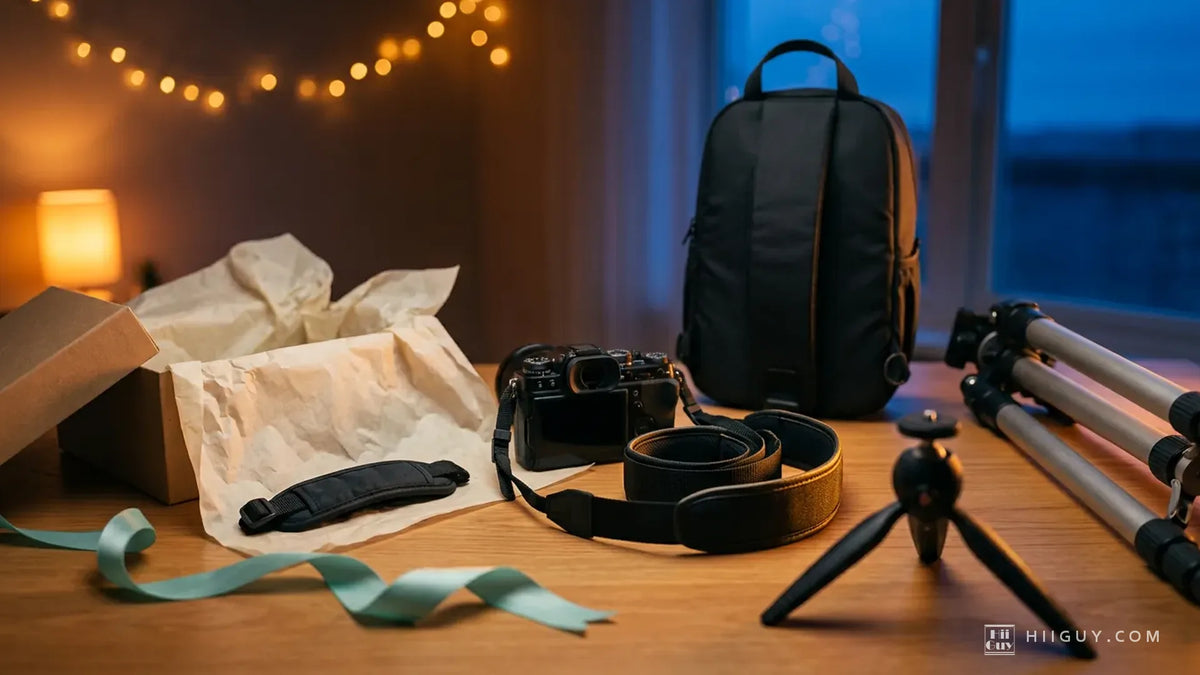 A camera, a coiled padded shoulder strap, a small hand strap on tissue paper in an open kraft gift box, a black sling backpack, a folded tripod and a small desk tripod arranged on a honey oak table at dusk, with a teal ribbon and warm string lights behind