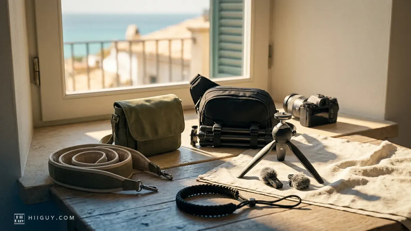 Travel camera kit on a sunlit table by an open window: a coiled camera strap, an olive canvas bag, a black sling with a folded tripod, a mini tripod, clip-on mics and a braided wrist strap