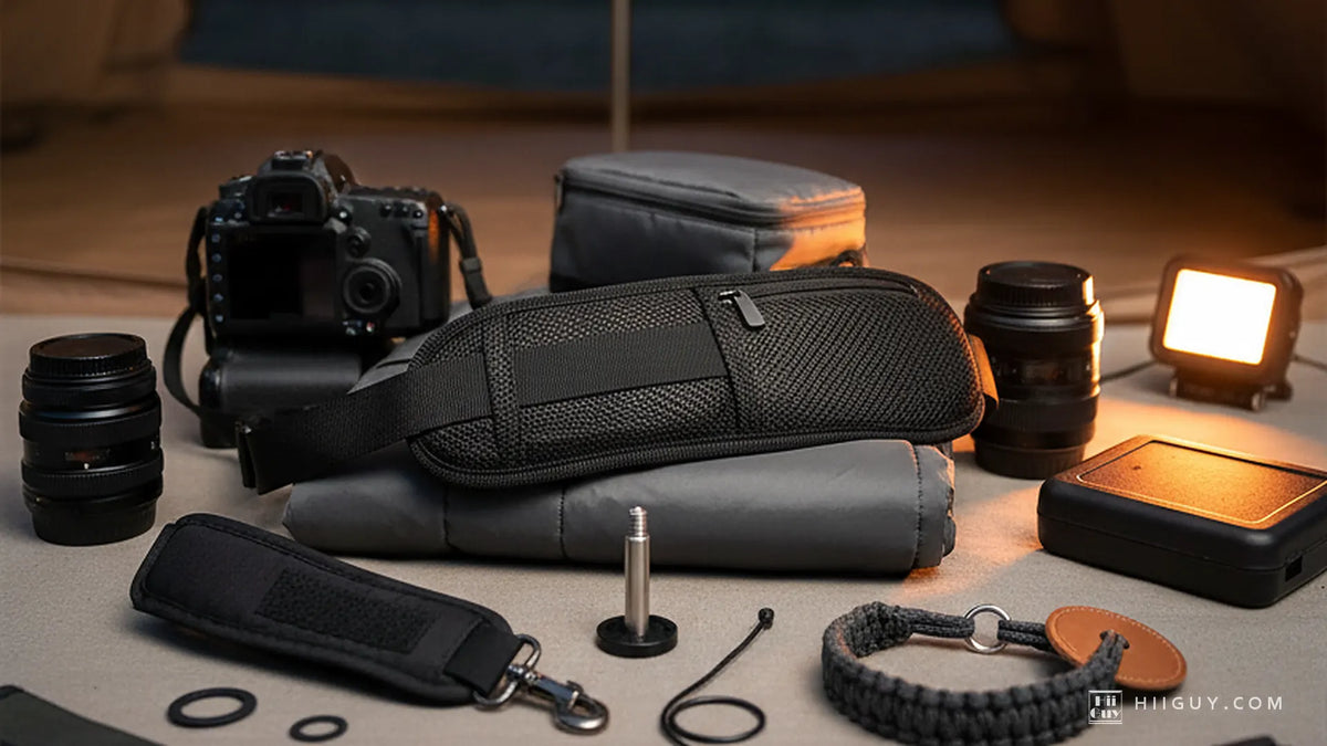 Camera gear on sand canvas at a tent mouth at dusk: a padded shoulder pad, a paracord wrist loop and a lit LED panel.