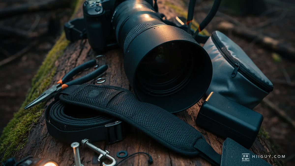 Long black telephoto lens, camera and coiled padded strap on a mossy wet log, lit by a small lamp at dusk.