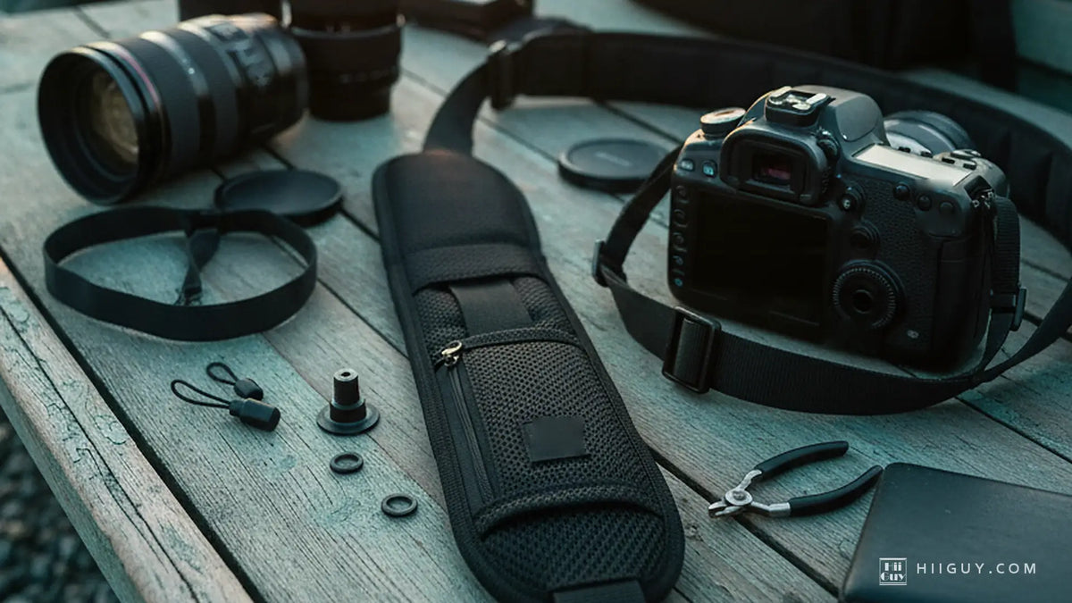 A padded camera strap, split rings and a screw mount laid out on weathered boat planks beside a DSLR and two lenses
