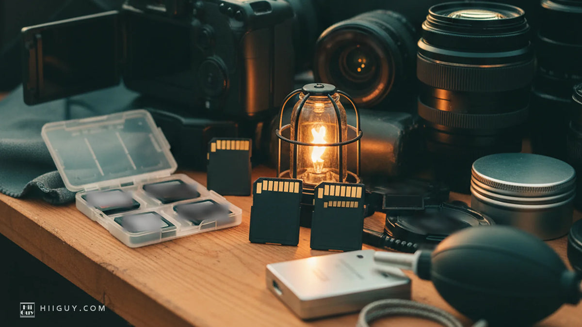 Two SD cards standing face down on a pine bench beside a lit cage lamp, one with a single row of gold contacts and one with a second row behind it, a card case, camera and lenses crowded around.