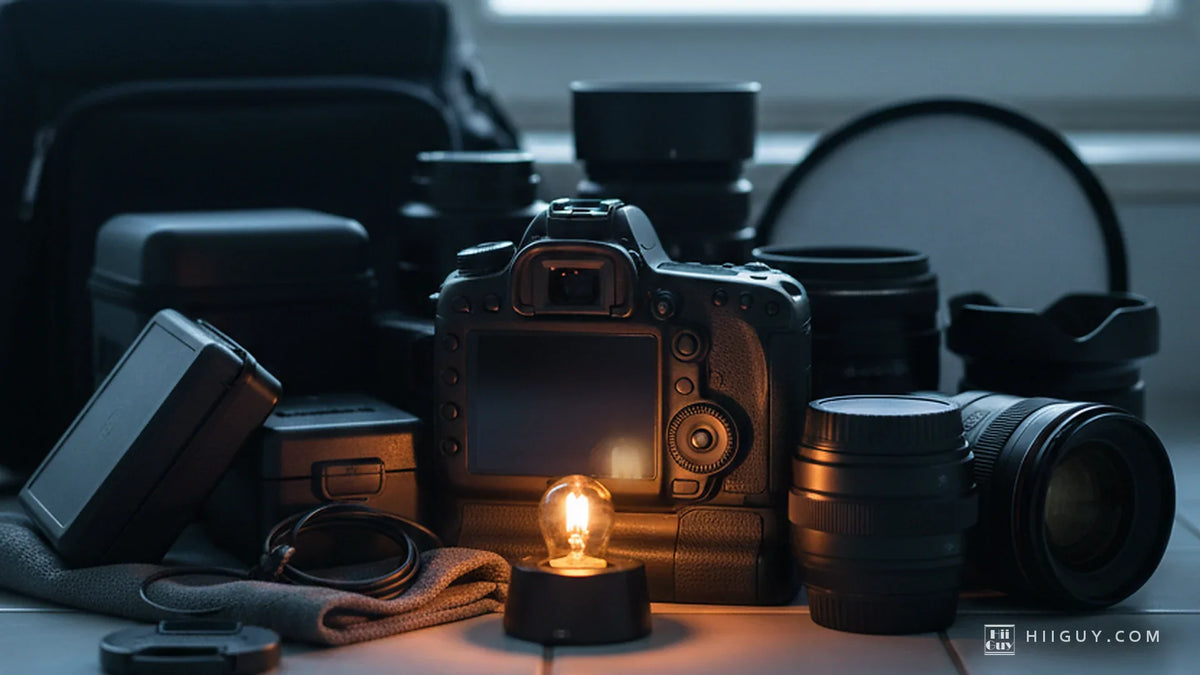 A camera seen from behind on a pale tiled counter, silhouetted against a blown-out window, a small warm bulb burning in front of it and lenses, cases and a bag crowded around it in cold backlight