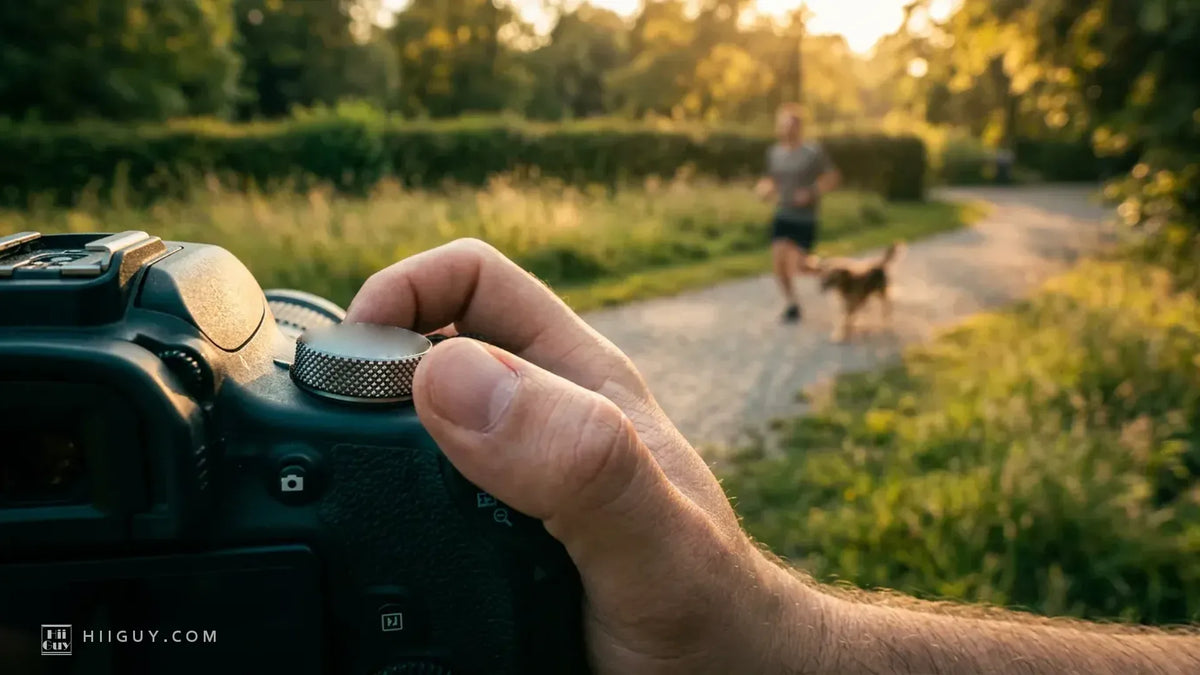 A photographer's thumb turning a knurled dial on top of a black camera at golden hour, with a runner and a dog blurred on a sunlit park path behind.