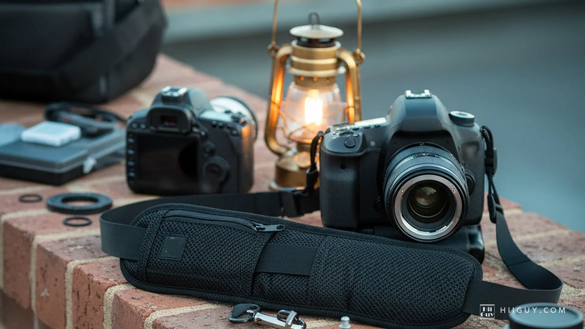 Padded black camera strap lying open on a sun-warmed brick ledge at golden hour, a lit brass lantern and two DSLRs of different sizes behind it, the metal quick release resting on the brick