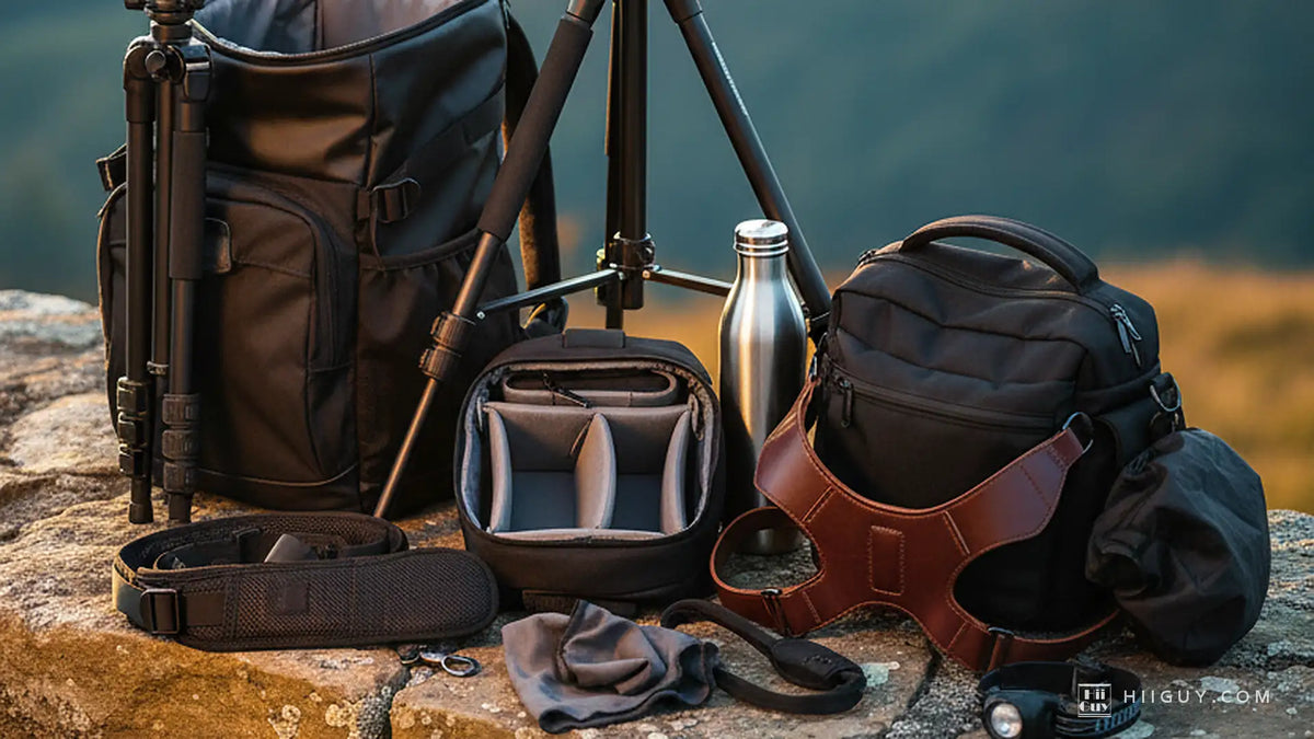 Camera gear on a lichened stone wall at golden hour: a backpack, tripod legs, an open camera insert, a sling bag, leather harness and a lit headlamp.