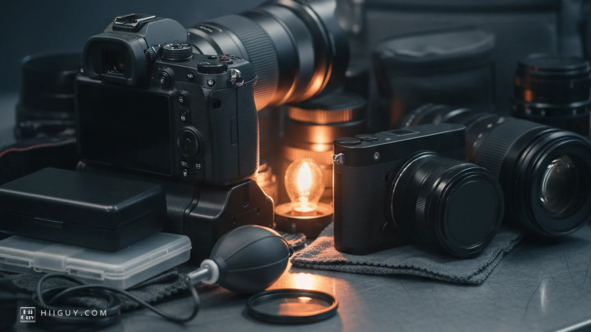 A large camera with a heavy zoom stands beside a much smaller camera on a steel counter at night, a small lamp burning between them, cases and a filter ring in front