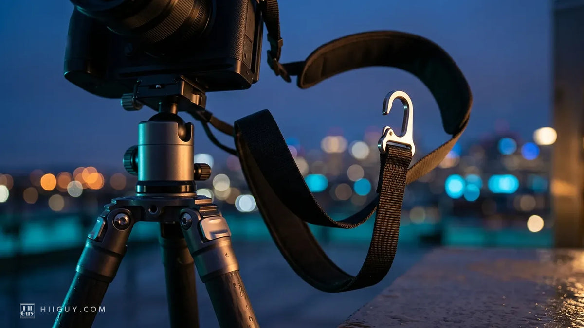A camera on a tripod on a wet rooftop at blue hour with the city lights blurred behind, its padded black camera strap detached and hanging beside it, the open stainless steel quick release hook catching the light