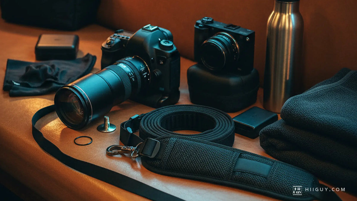 A camera kit on the tan leather seat of a train at dusk: a big DSLR with a long lens, a much smaller body beside it, a wide padded shoulder strap coiled in the centre and a thin bare strap in front.