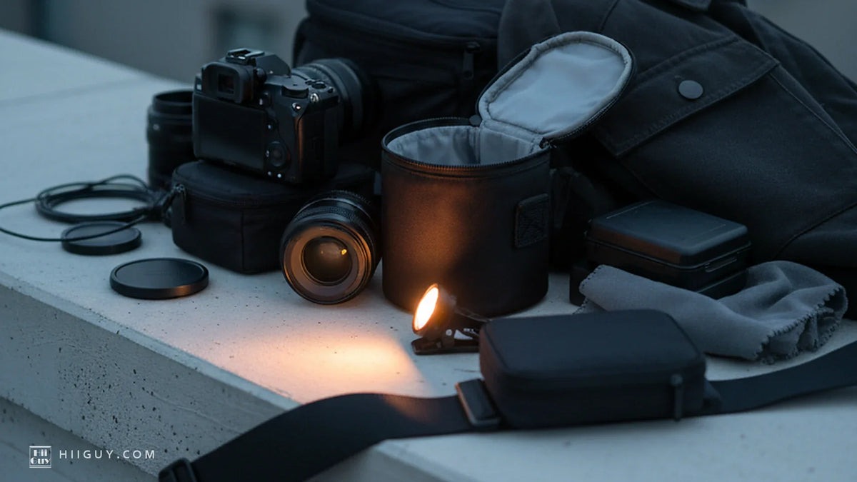 An open padded lens pouch on a concrete parapet at blue hour, a spare lens beside it with its front glass to the camera, a webbing belt with a second pouch on it, and a small clip light burning.