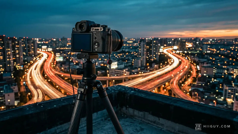 A mirrorless camera on a tripod on a city rooftop at blue hour, overlooking long-exposure traffic trails curving through the streets below