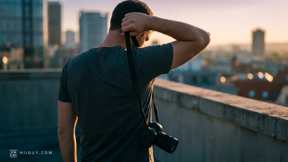 A photographer seen from behind on a rooftop at sunset, head tipped forward, one hand reaching back to lift a thin camera strap off the back of his neck while the camera hangs low against his side.