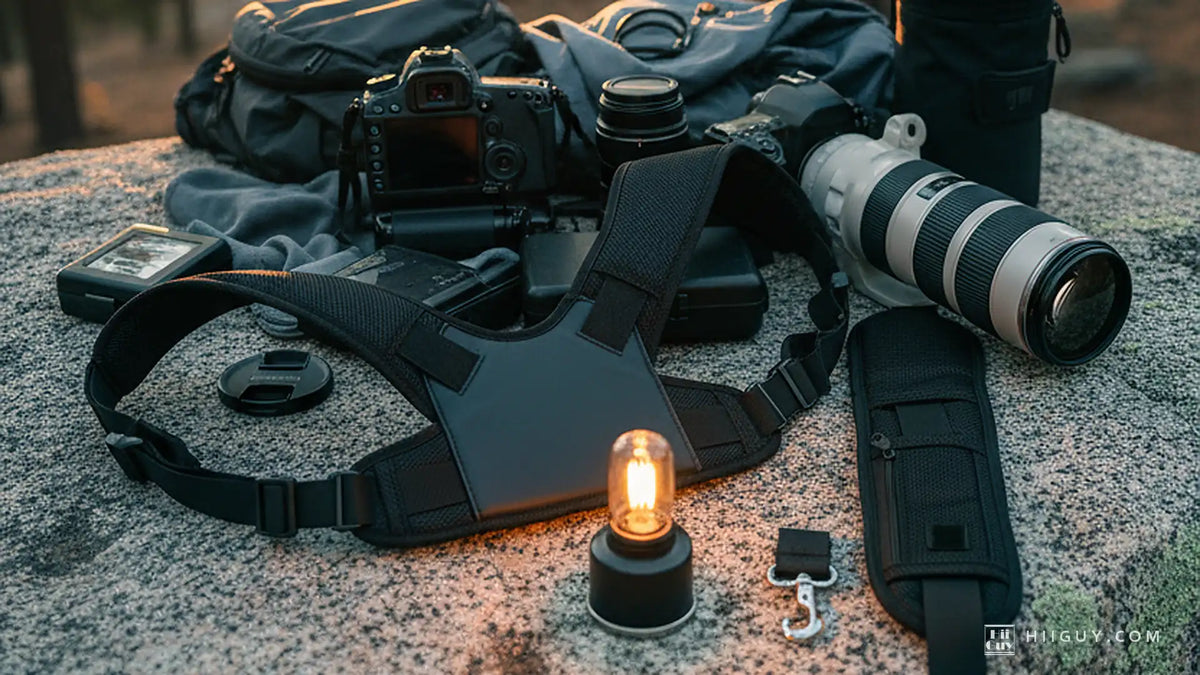 An open black chest harness lying flat beside a wide padded camera strap on a lichen-covered granite boulder at a trailhead, a lit lantern between them, a camera and long telephoto lens behind