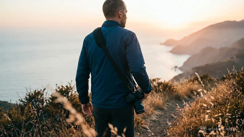 A photographer seen from behind on a coastal hiking trail at sunset, wearing a black camera sling strap crossbody with the pad on his left shoulder and a DSLR hanging at his right hip
