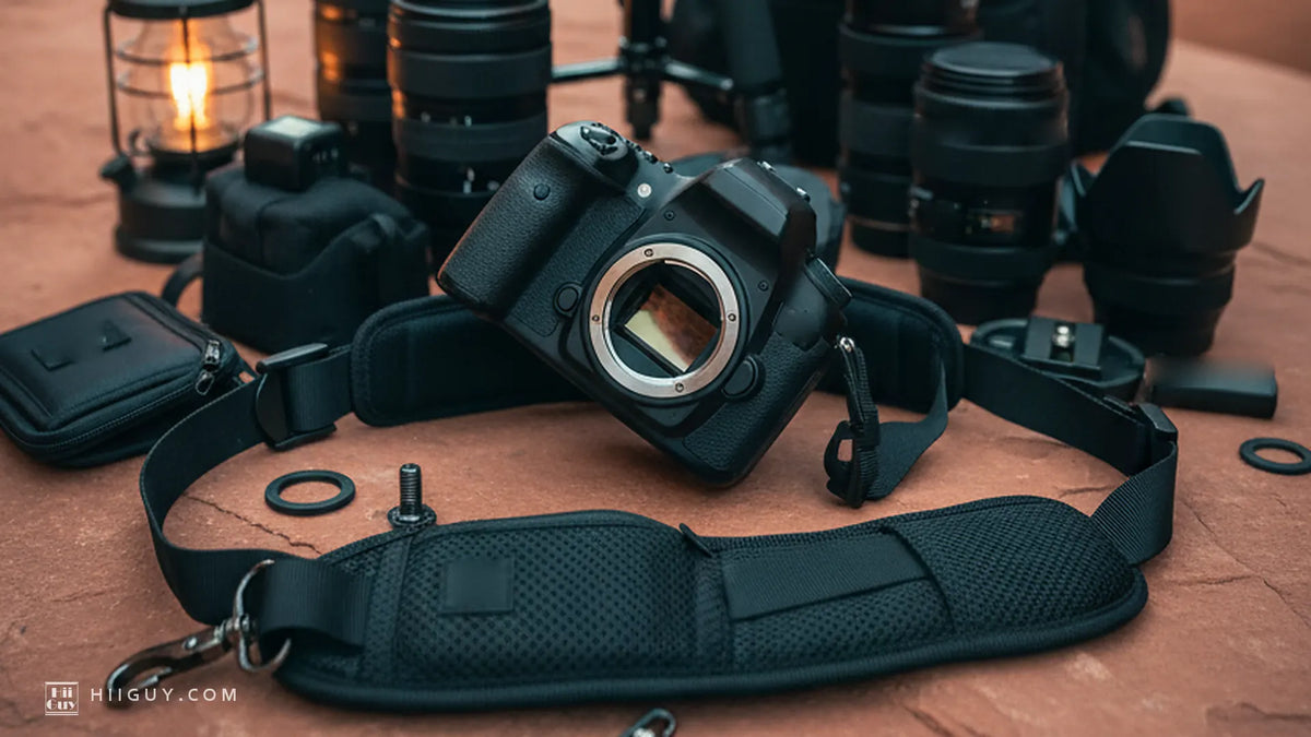 A black camera body on a red rock slab, a lit lantern and lenses behind it, a padded strap with its snap hook and screw mount lying in front.