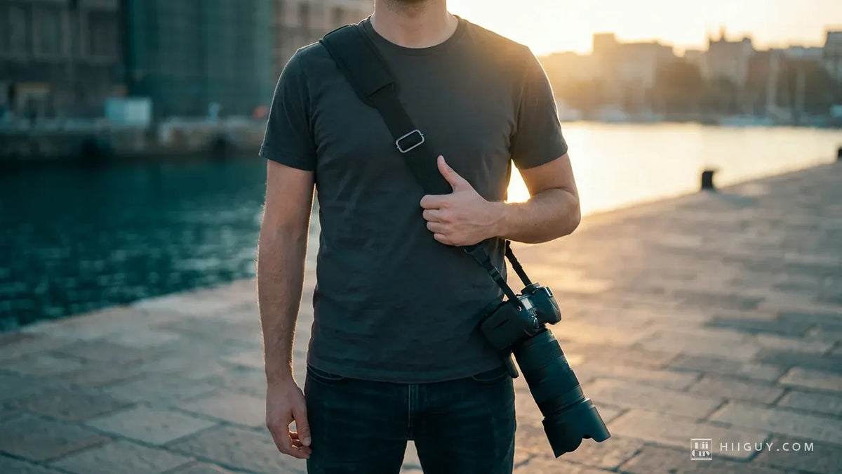 A photographer standing on a sunlit stone quay at golden hour with a black padded camera strap worn across his chest and a DSLR with a long telephoto lens hanging at his hip