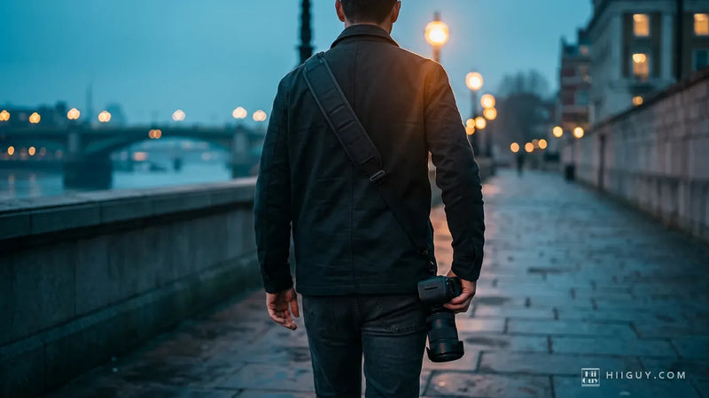 Photographer walking away along a riverside path at blue hour, a wide padded camera strap running in one diagonal across his back to a camera carried low at his hip