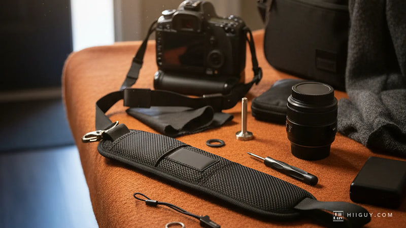 A camera strap opened out flat on rust-orange wool in low doorway light: the padded pad face up in the centre, its hook unclipped, with a steel screw stud, a washer and a short tether cord beside it.