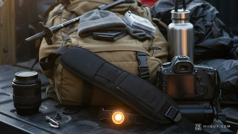 A wide padded camera strap lying open across a loaded khaki hiking pack in a pickup truck bed, a small headlamp burning beside it, with a lens, a DSLR and a steel bottle around them in low warm light