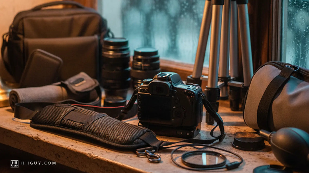 A windowsill crowded with camera gear at dusk: a DSLR from behind, a padded strap, lenses, a tripod and a remote cable, rain on the glass behind.