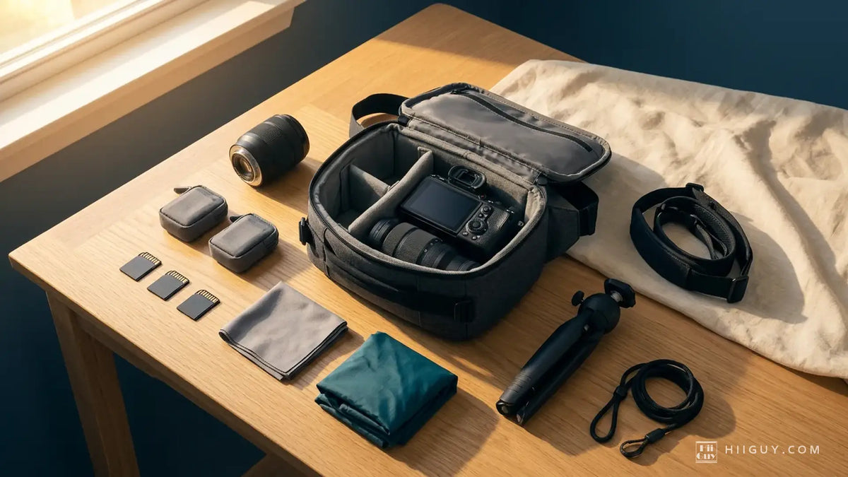 A travel camera kit on a sunlit oak table: an open sling bag holding a mirrorless camera, with a spare lens, battery pouches, memory cards, a microfiber cloth, a teal rain cover, a mini tripod, a wrist strap and a black padded camera strap