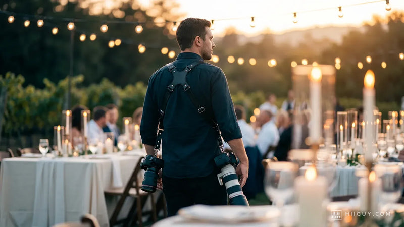 A wedding photographer seen from behind at a golden-hour outdoor reception, carrying two cameras on a dual shoulder harness, one at each hip
