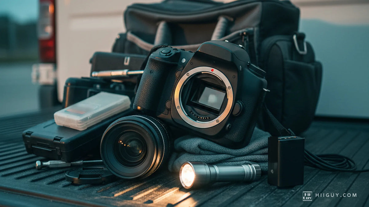 Used DSLR with its lens off on a truck tailgate at dusk, bare lens mount and mirror box lit by a small torch