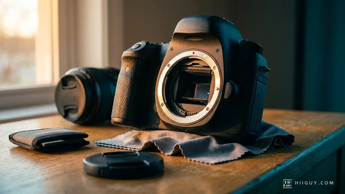 A used DSLR body with the lens removed, sitting on a cleaning cloth on a wooden table in late window light, its bare lens mount and mirror box open, a lens cap and a card wallet beside it.