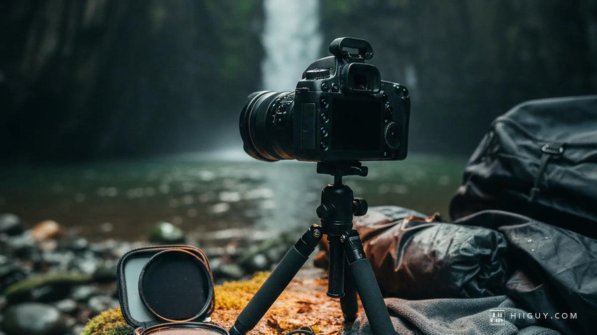 A camera on a low tripod on a mossy boulder faces a waterfall blurred to a soft white ribbon in a misty green gorge, an open case holding a dark filter in the foreground.