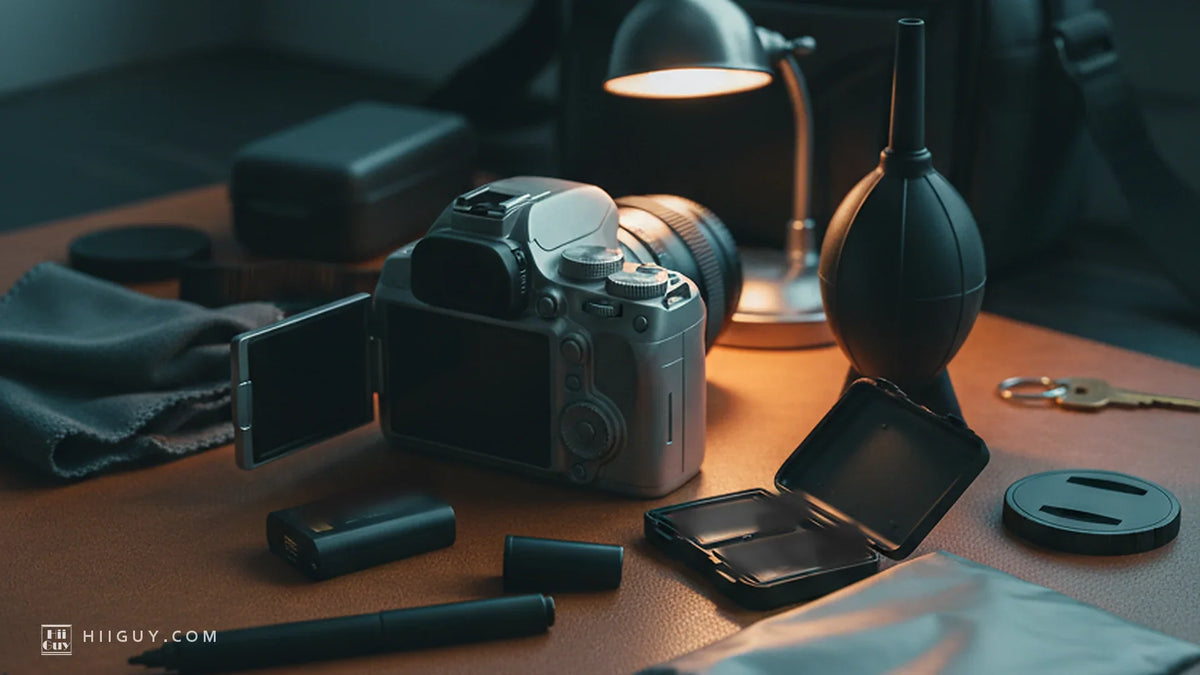 Spare battery, card case, lens pen, blower and folded rain cover around a camera on a lamplit desk