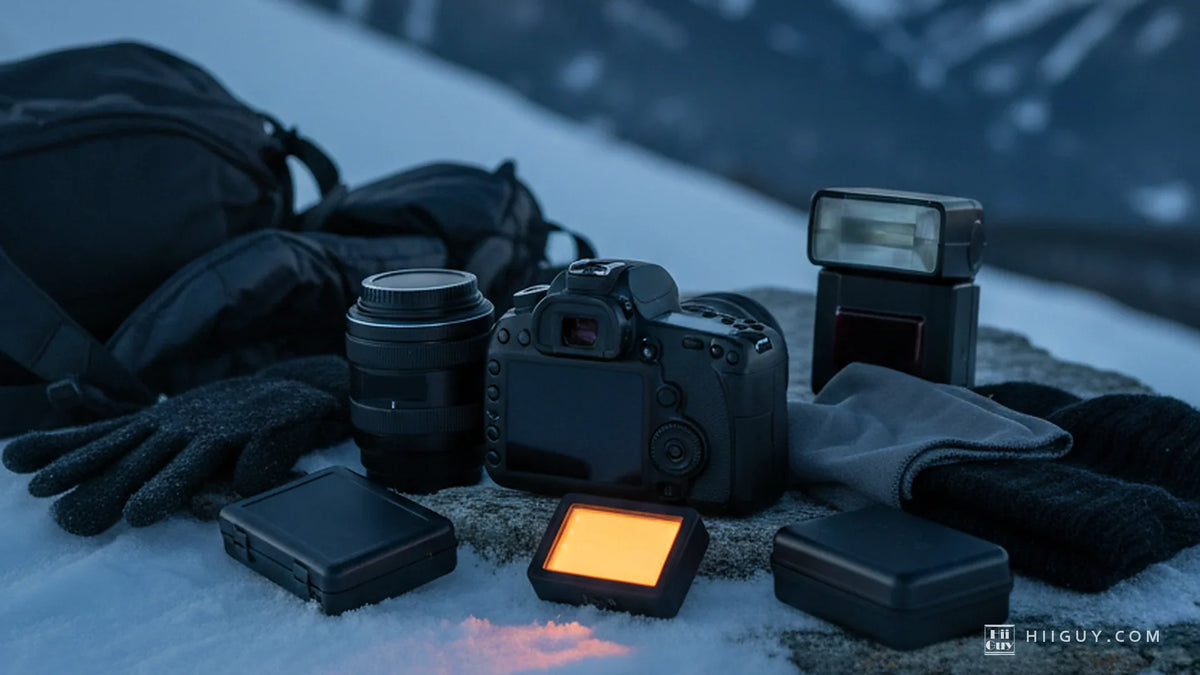 Cold blue dusk on a snowy ledge: a DSLR, a spare lens, a flash, gloves and two closed cases around one small glowing amber LED panel, with a camera bag behind in the snow.
