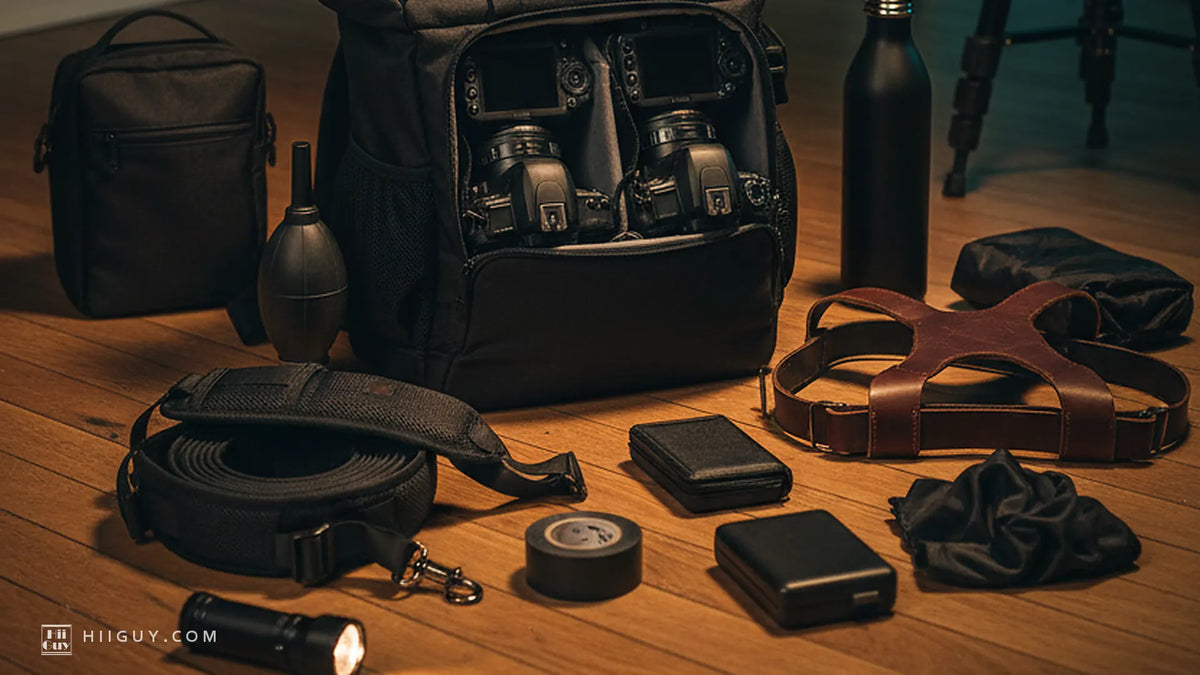 Two DSLR bodies in an open backpack on warm wooden floorboards at night, with a padded strap, leather harness, blower, tape and a lit torch.