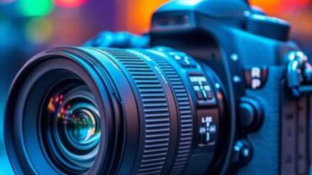 A DSLR camera photographed close up against coloured neon night lighting